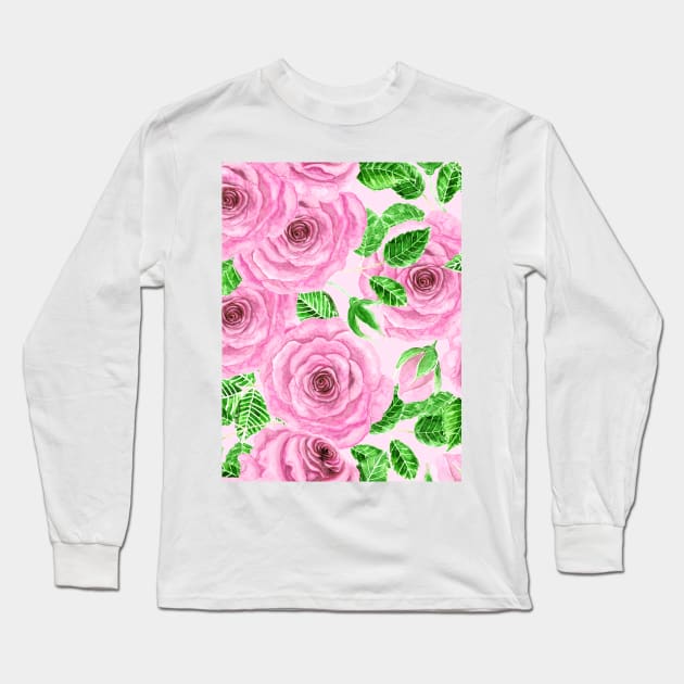 Pink watercolor roses with leaves and buds pattern Long Sleeve T-Shirt by katerinamk